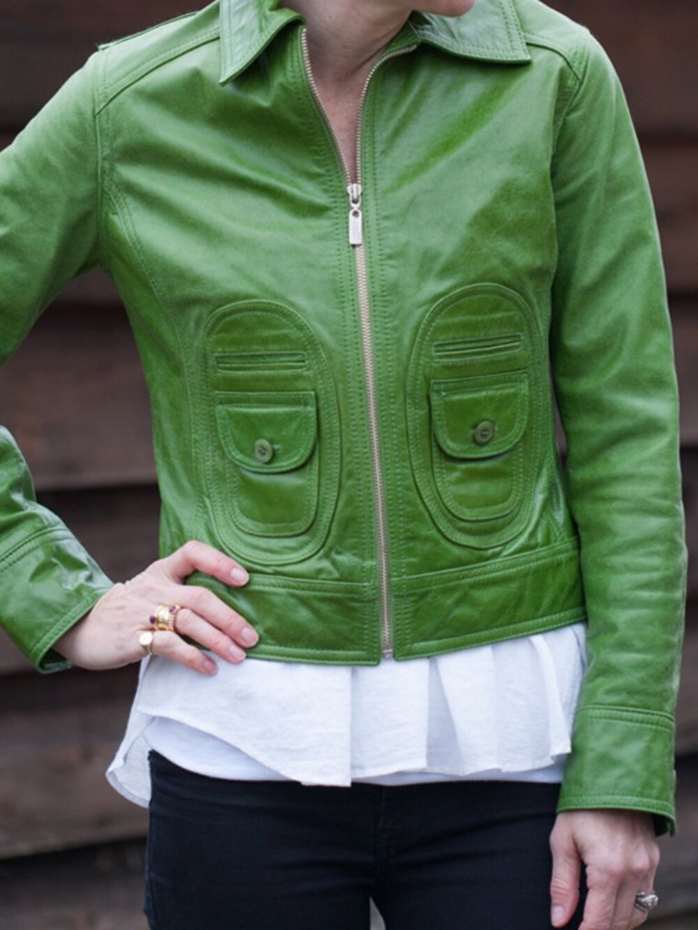 Rare Green Leather Jacket. Cropped Bomber. Zip-Front. Perfect. Size M-L - Picture 8 of 10